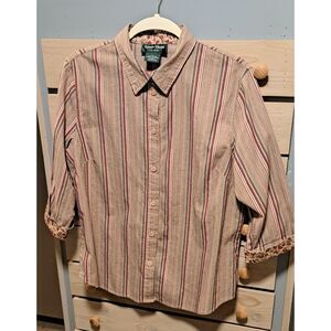 Lemon Grass Studio Striped Button-Down Shirt w/ Floral Accents- Large